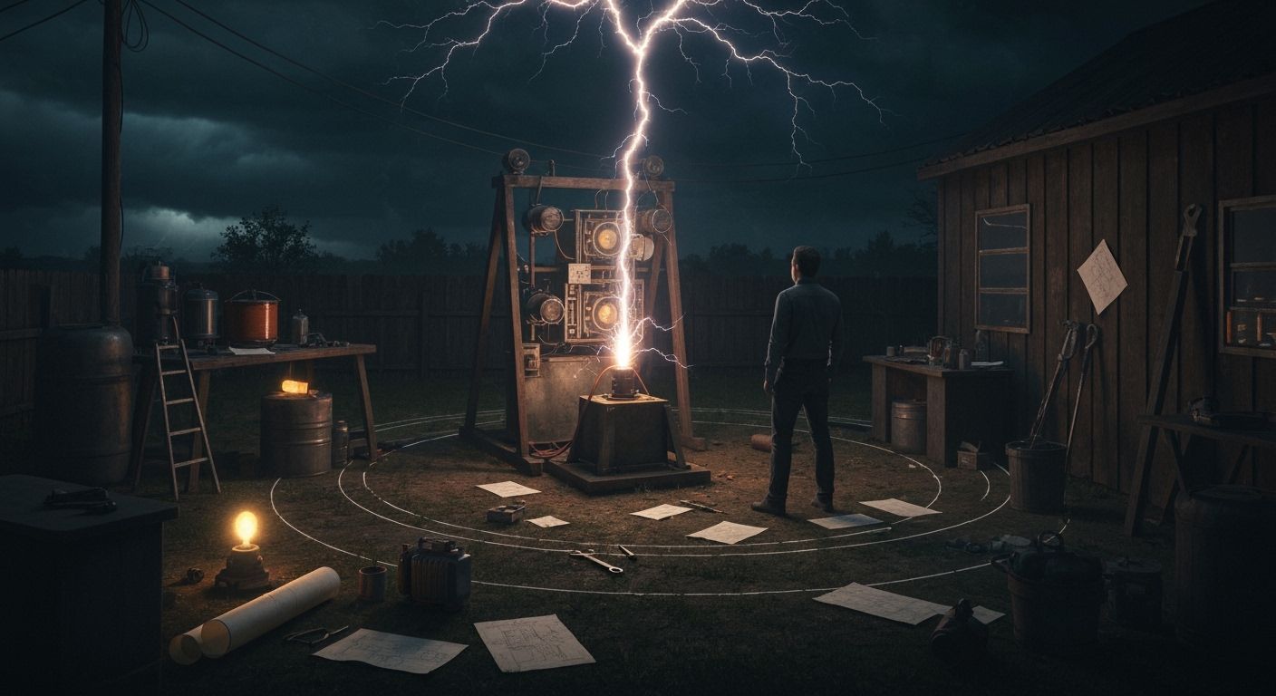 Man in Rural Workshop With Arcing Electricity