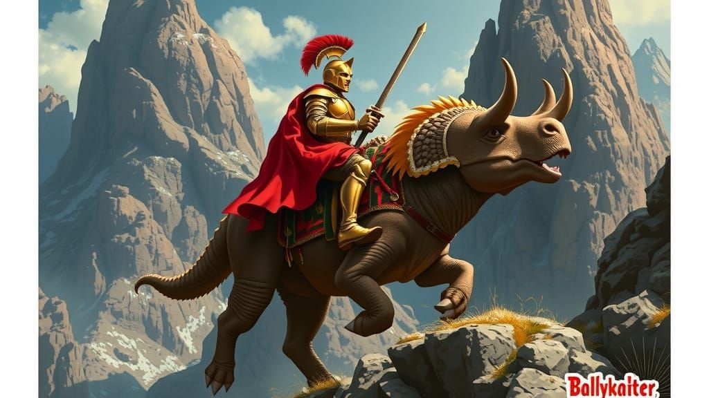 Golden Knight Rides Triceratops on Mountain Trail