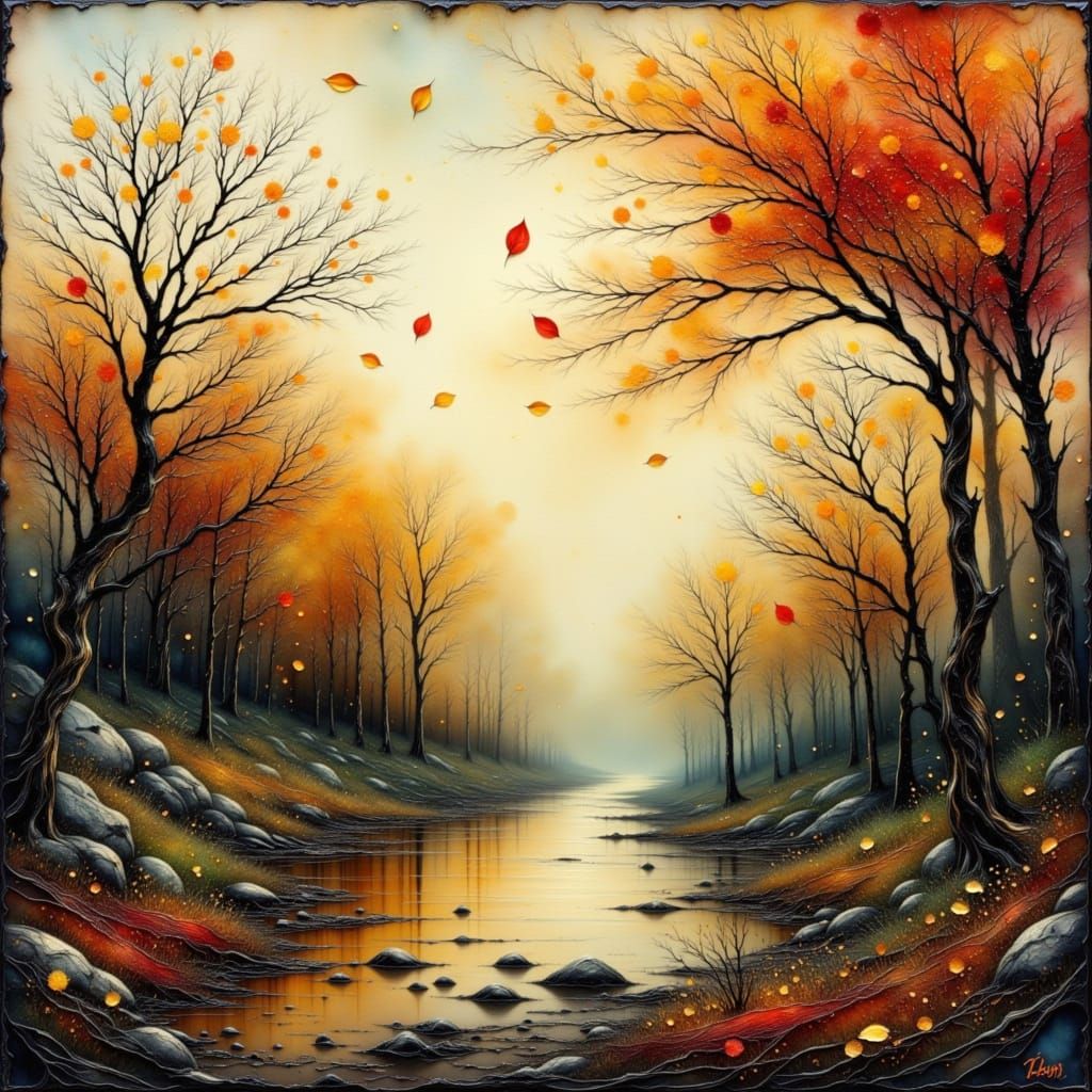 Misty Autumn Landscape in Alcohol Ink Style