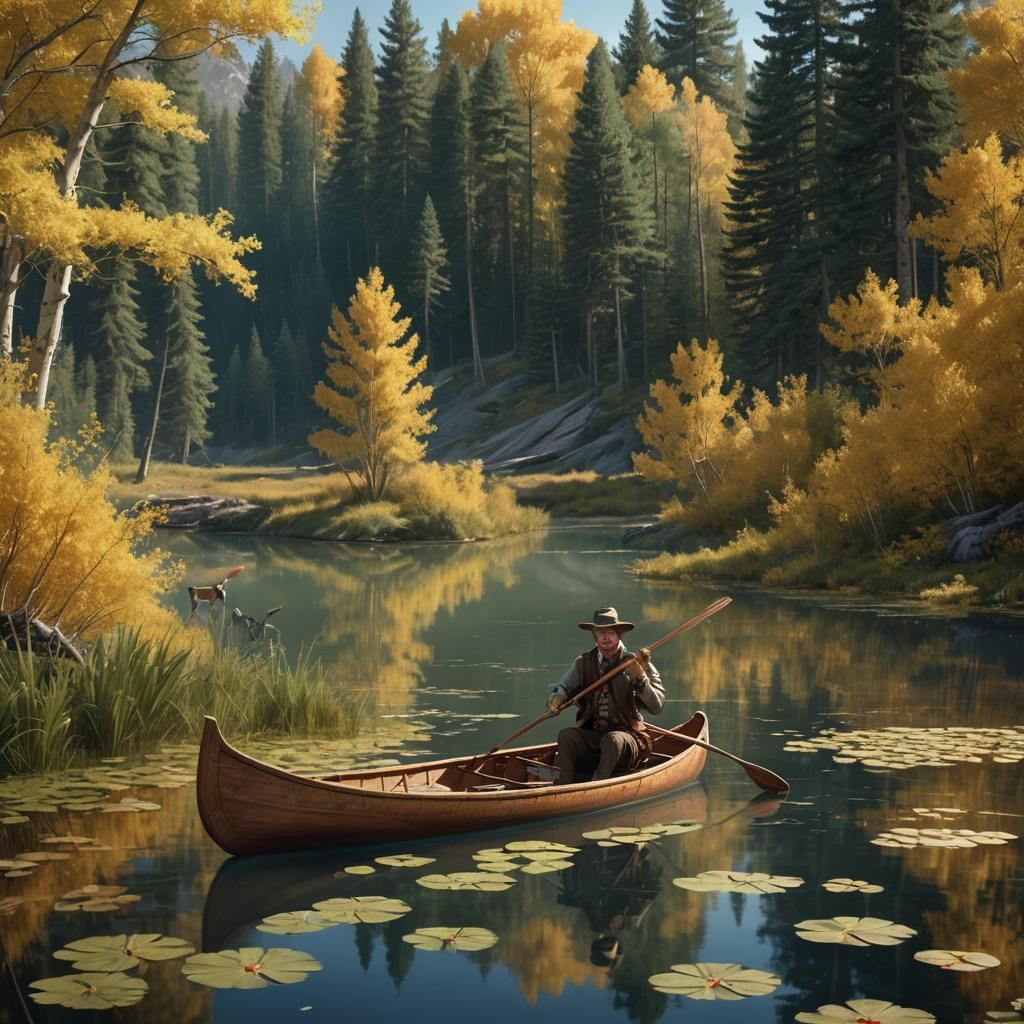 Colonial Man Paddling Canoe on River, Matte Painting
