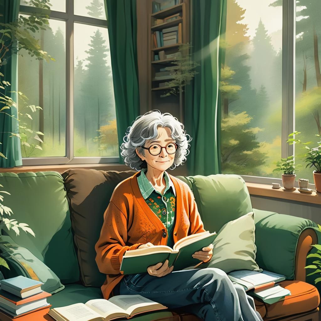 Watercolor Anime: Elderly Woman Reading on Sofa