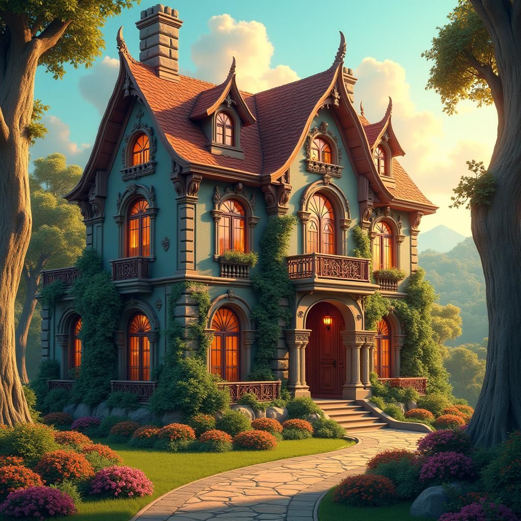 Ornate One Dollar House in Dreamlike Landscape
