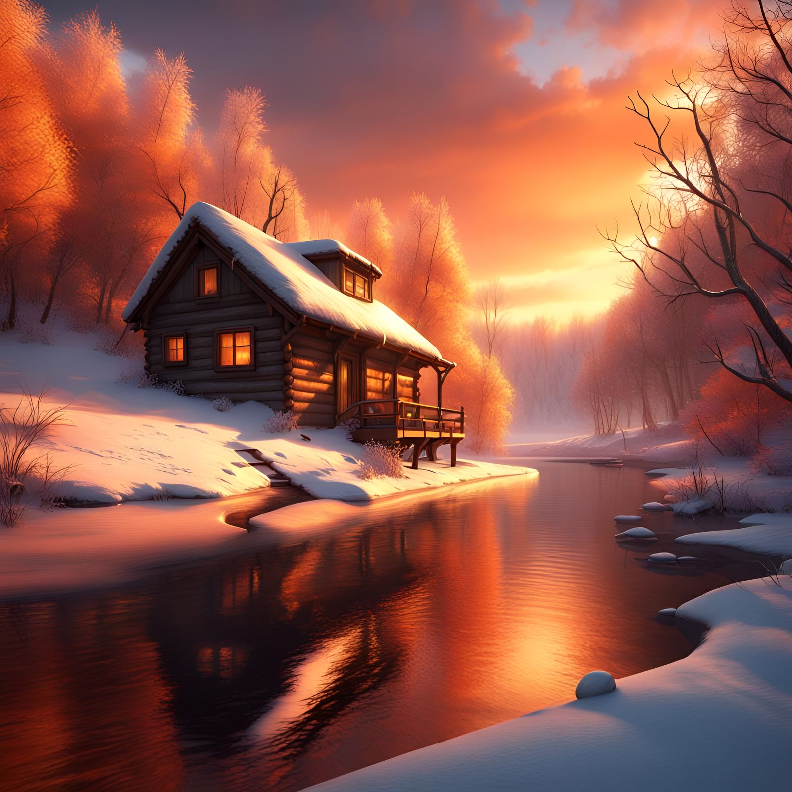 Winter Riverscape with Sunset in Detailed Matte Painting
