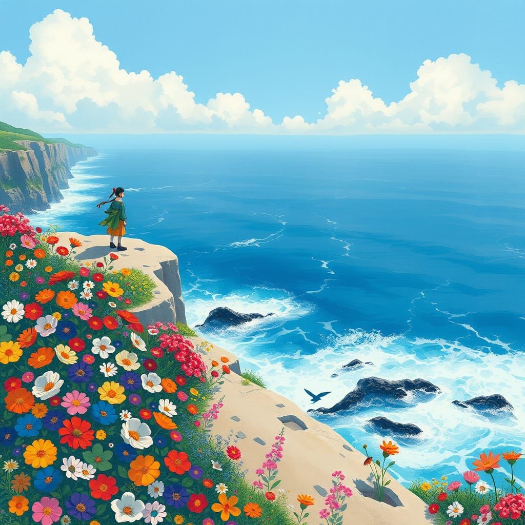 Colorful Clifftop Figure in Japanese Art Style