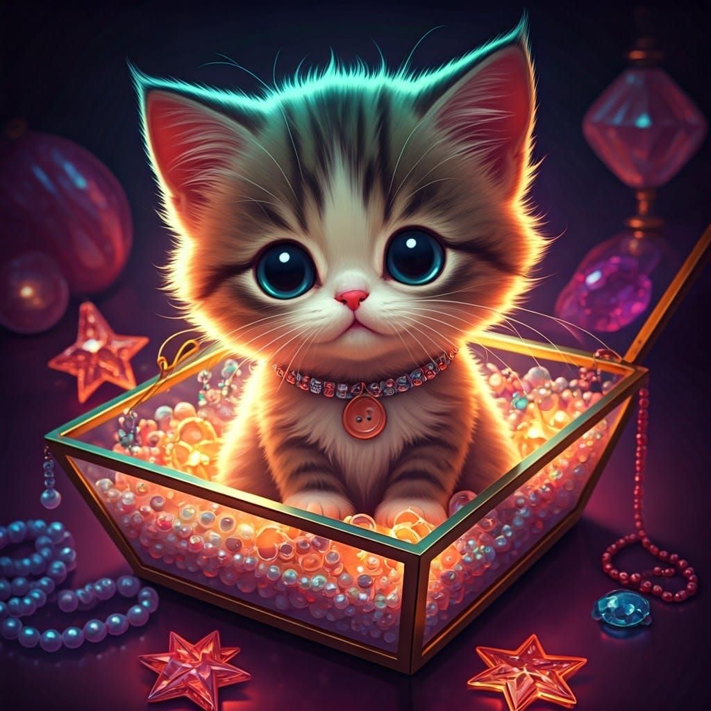 Whimsical Feline in a Glass Treasure Trove