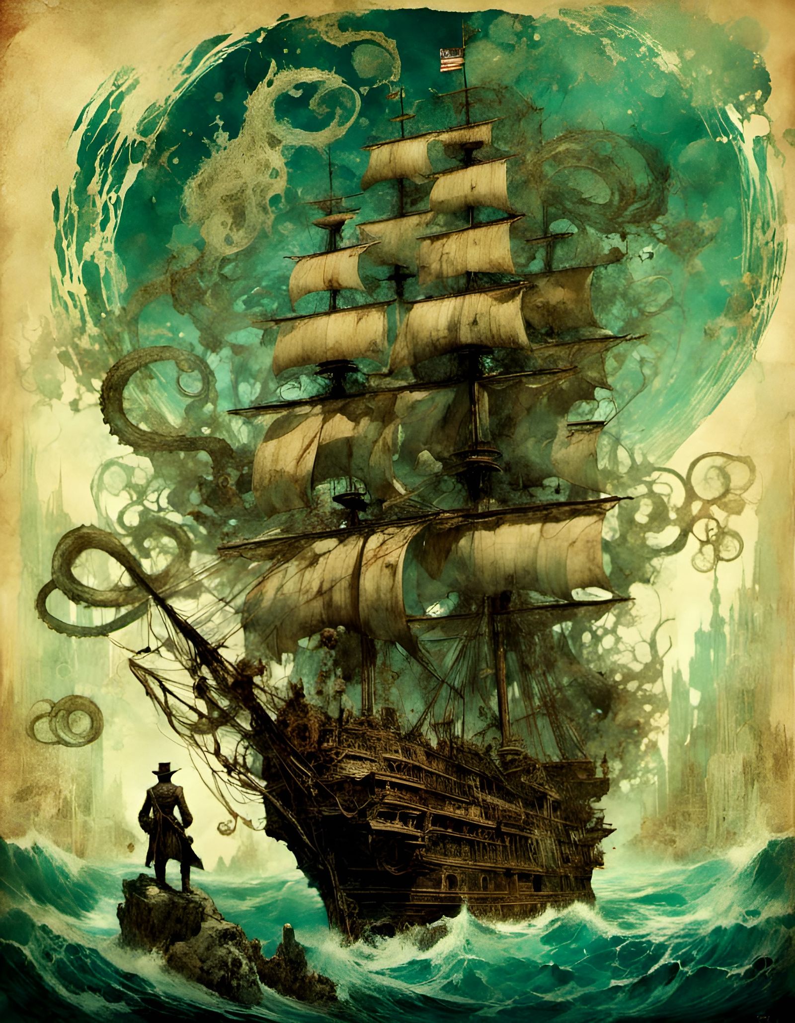 Cursed Pirate Captain Portrait in Double Exposure Style