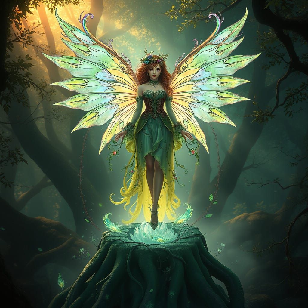 Mystical Forest Girl in Victorian Attire Flies with Iridesce...