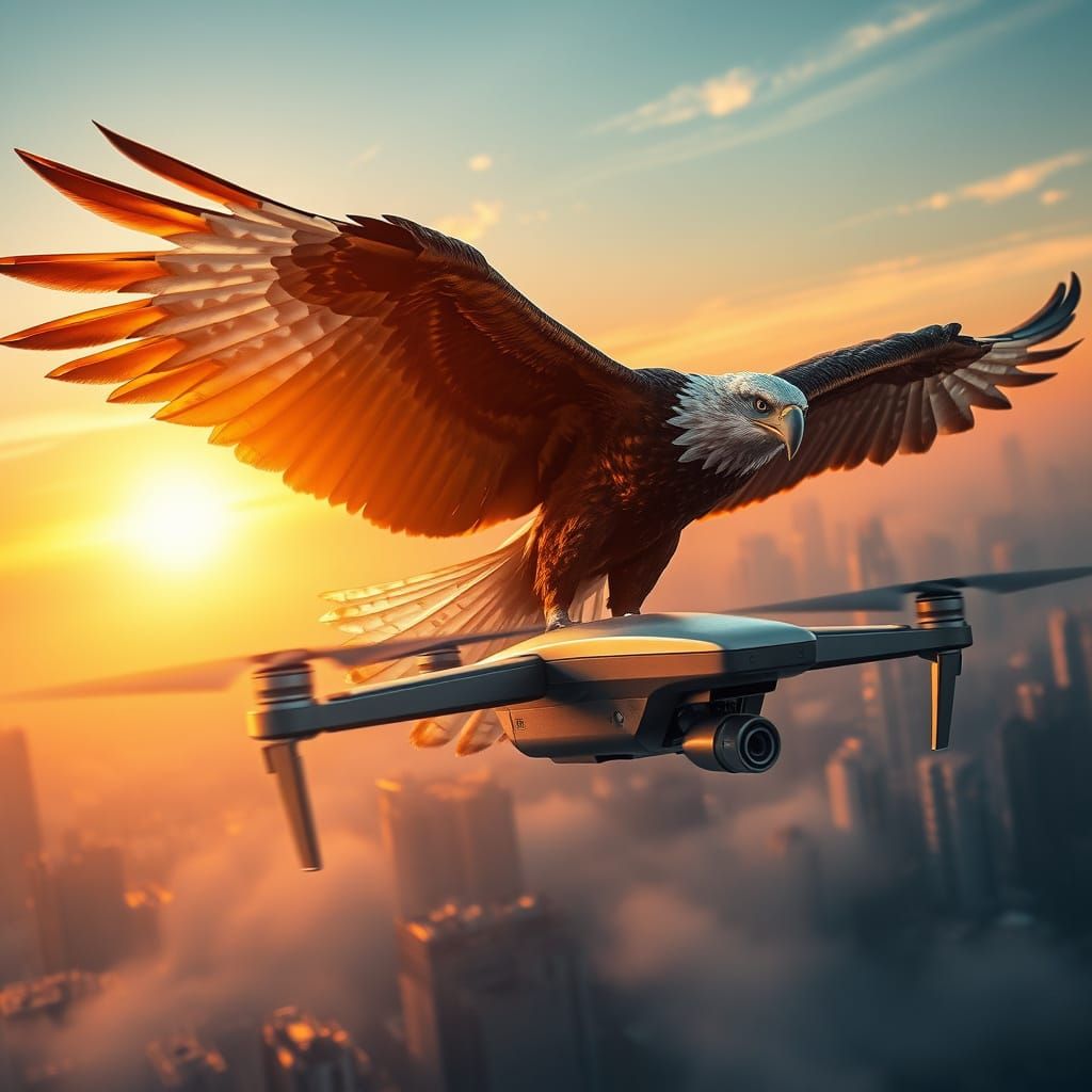 Eagle Soaring vs. Drone in Foggy City