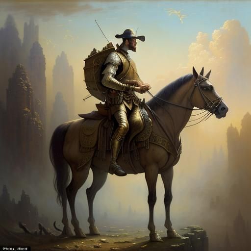 Man Rides Giant Ant in Dreamlike Oil Painting