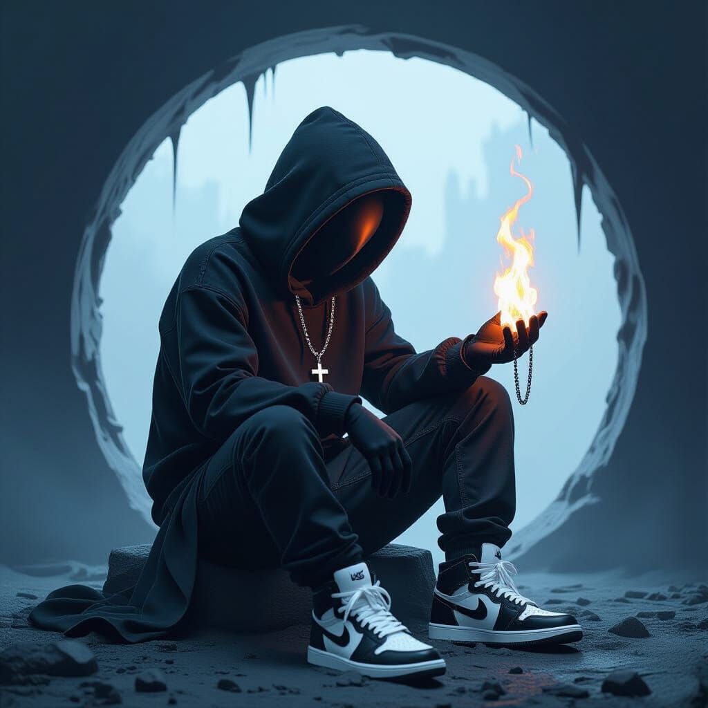 Dark Creature with White Fire in Futuristic Black Hole