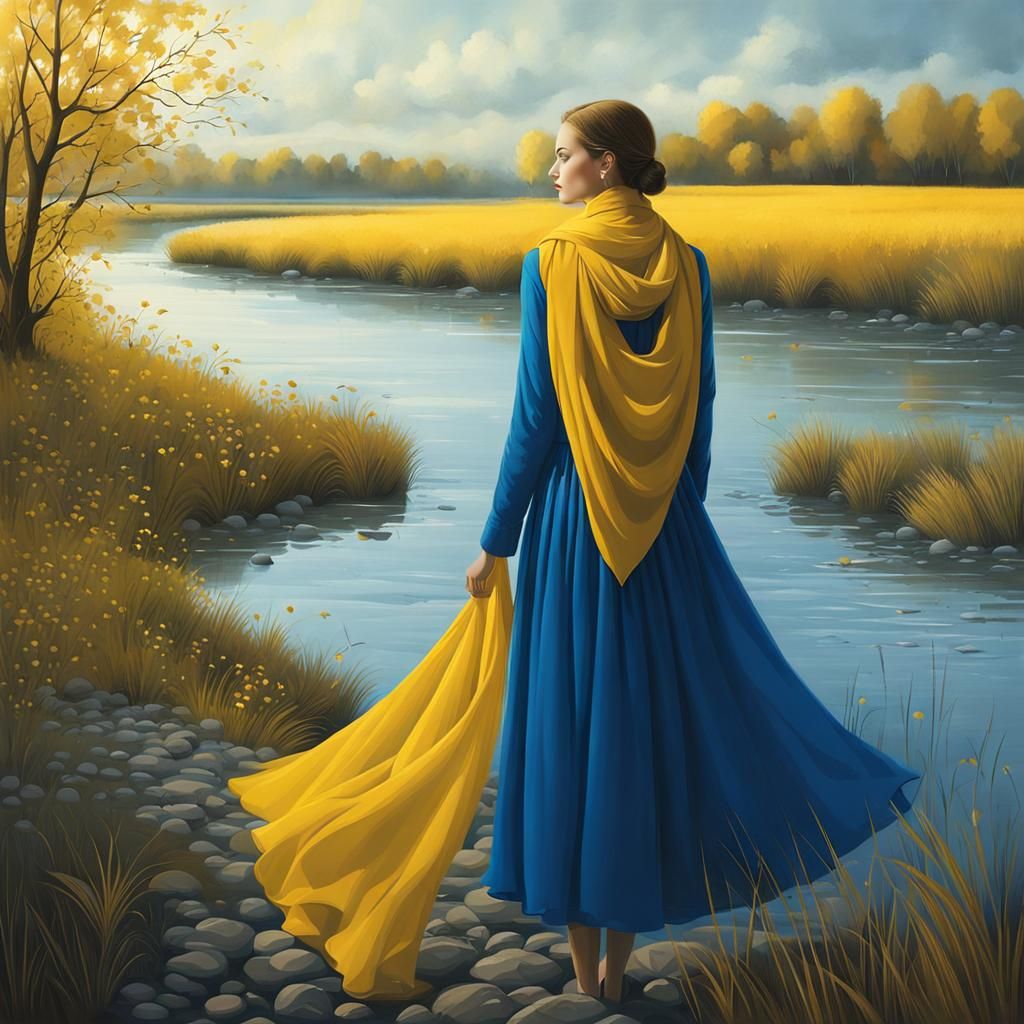 Woman at Riverbank Illustration
