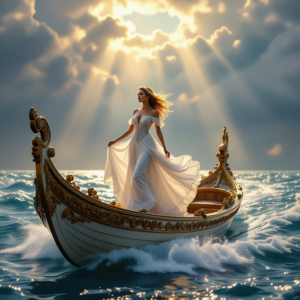 Fantasy Woman on Cloud Boat in Golden Sunlight