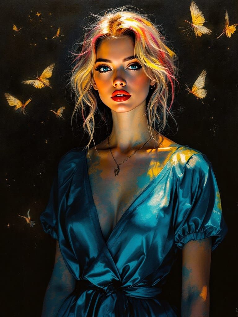 Pin-Up Woman in Cyan Dress with Amber Light