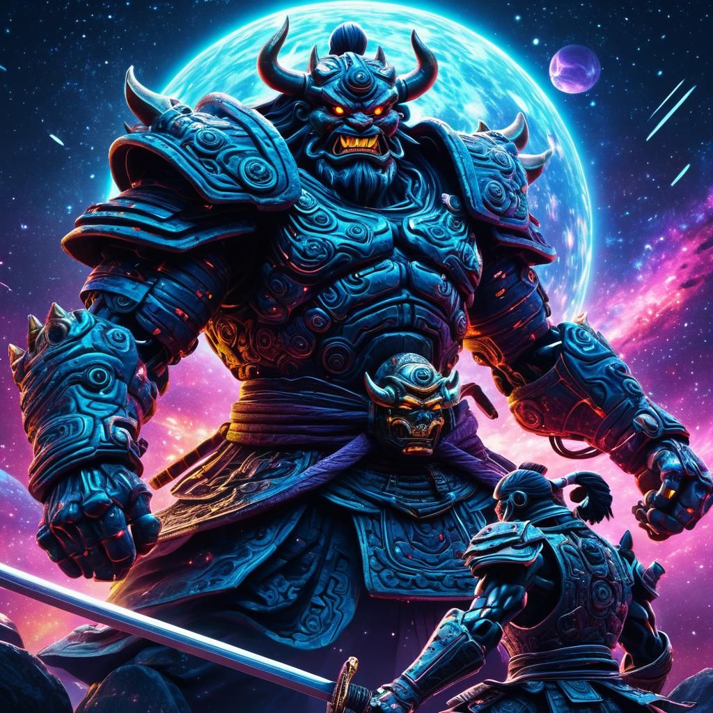 Cosmic Oni vs Cyborg Samurai in Astral Illustration