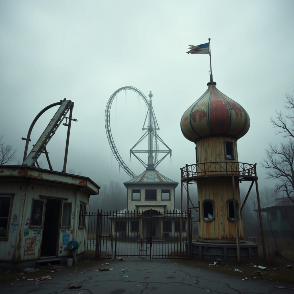 Abandoned Amusement Park Façade in Haunting, Cinematic Style