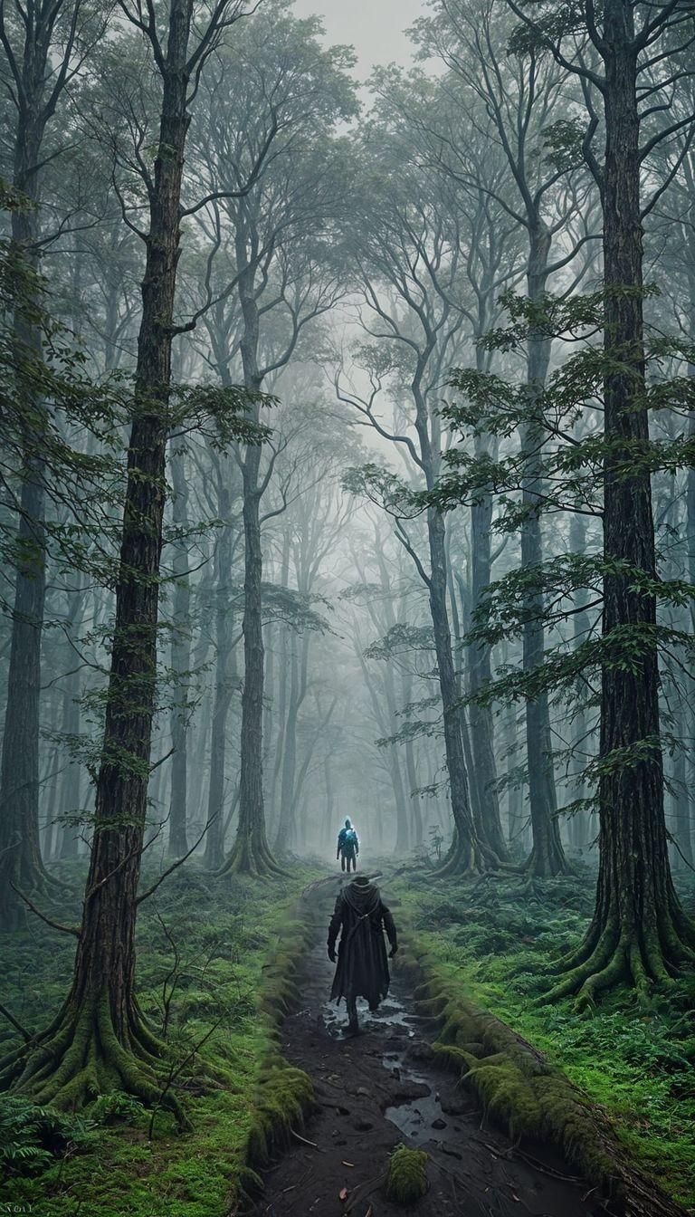 Dark Creature Emerges from Foggy Forest: Matte Painting