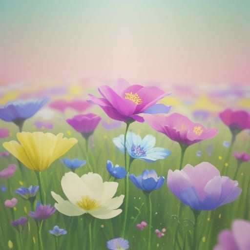 Surreal Cosmic Bed on Flower Meadow in Mixed Media Style