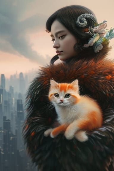 Princess with Kitten: Intricate Cel-Shaded Digital Art