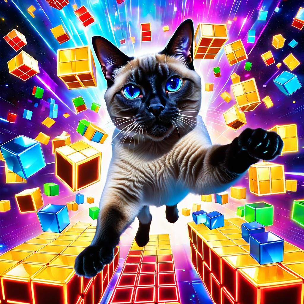 Siamese Cat Leaping in Tetris Game: Holographic Illustration