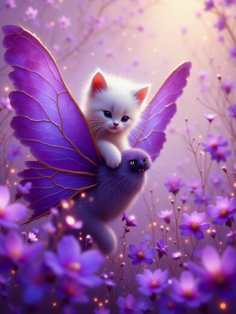 Kitten Rides Butterfly Through Flower Field in Ghibli Style