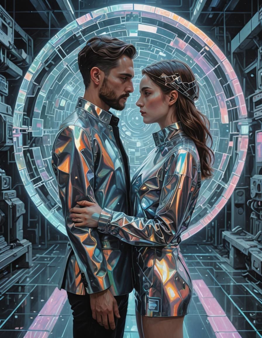 Dystopian Couple in Precisionism Style with Holographic Elem...