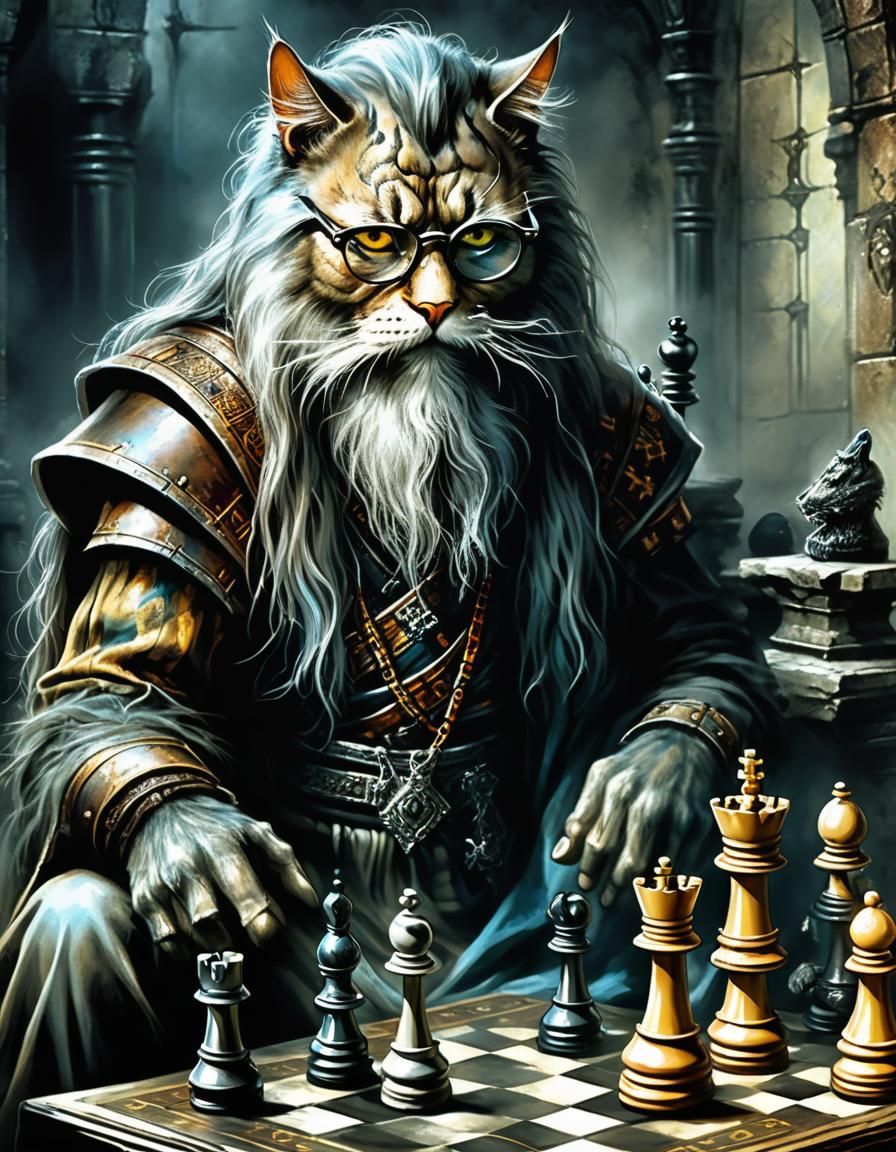 Old Cat Playing Chess in Dark Fantasy Style