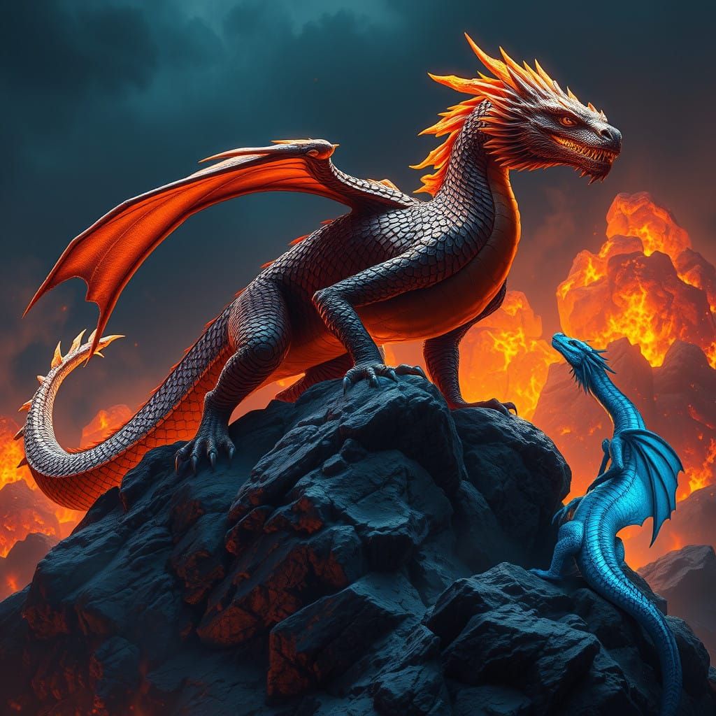 Majestic Fire Dragon Reigns Supreme Amidst Flaming Boulders