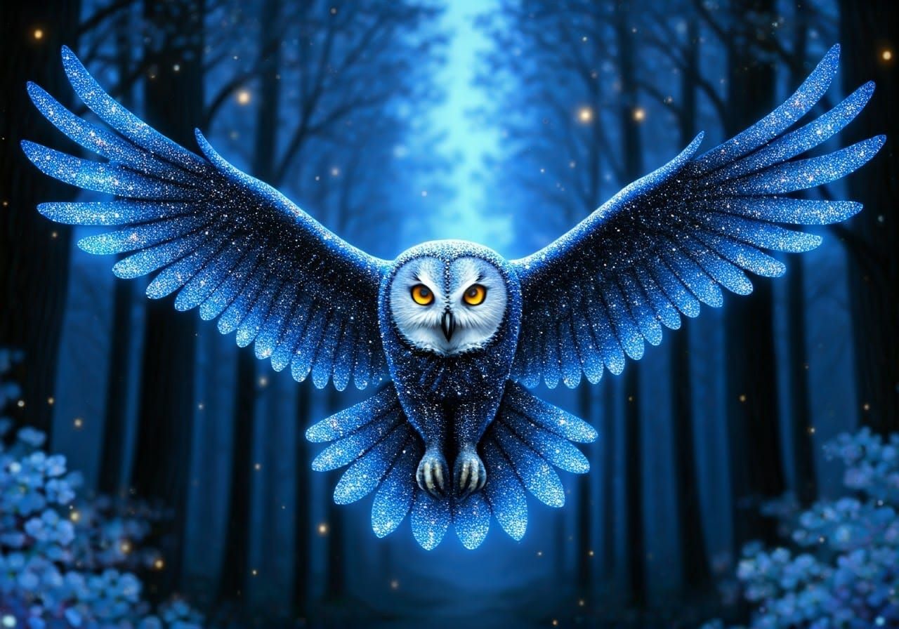 Glowing Blue Owl in Flight Over Forest