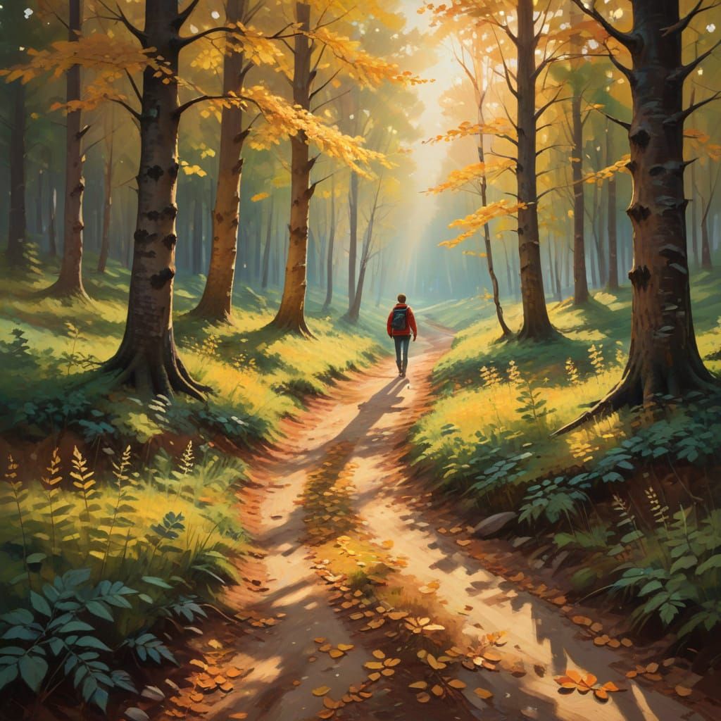 Golden Hour Forest Serenade in Vibrant Oil Painting Style
