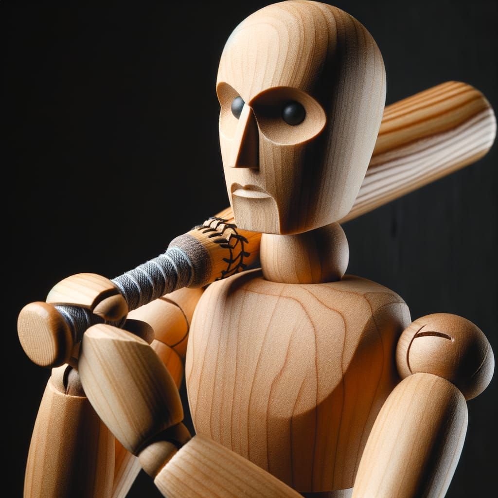 Wooden Man Sculpture Ready to Play Baseball
