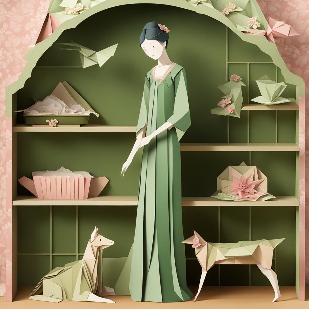 Woman in Green Silk Nightgown with Origami Paper Folds