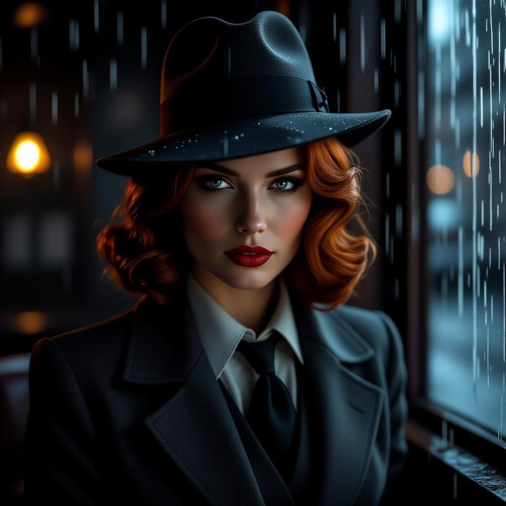 Mysterious Redhead Detective in Noir Office