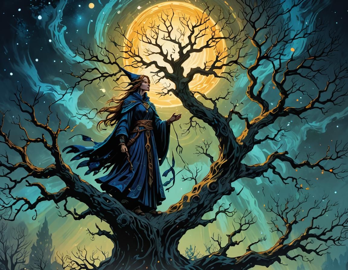 Midnight Sorceress Concept Art in Van Gogh Style