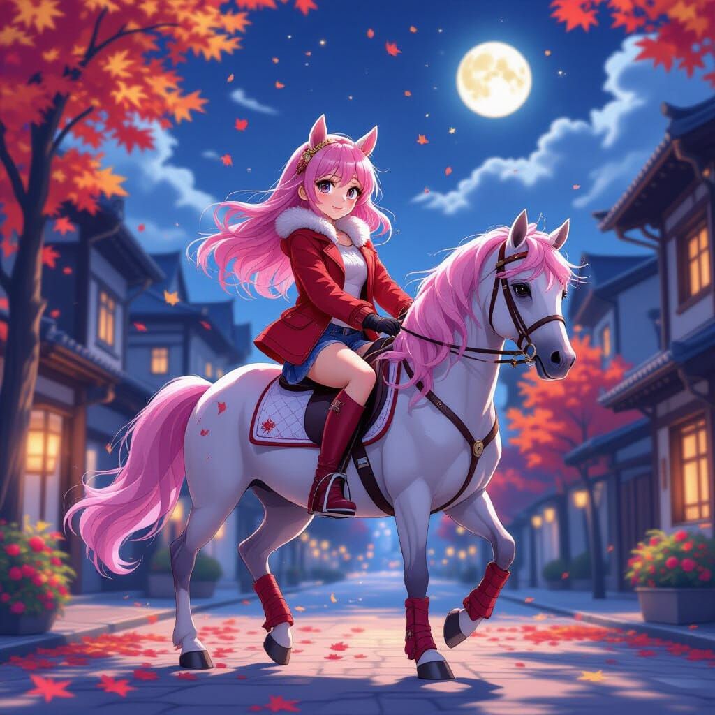 Anime Girl with Pink Hair Rides Horse in Moonlit City