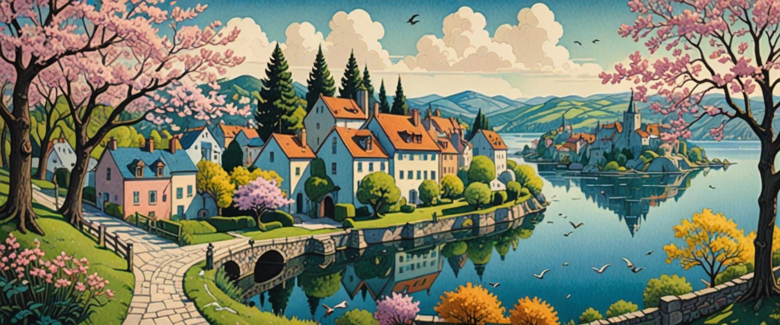 Spring Lake Village in Naive Folk Art Style