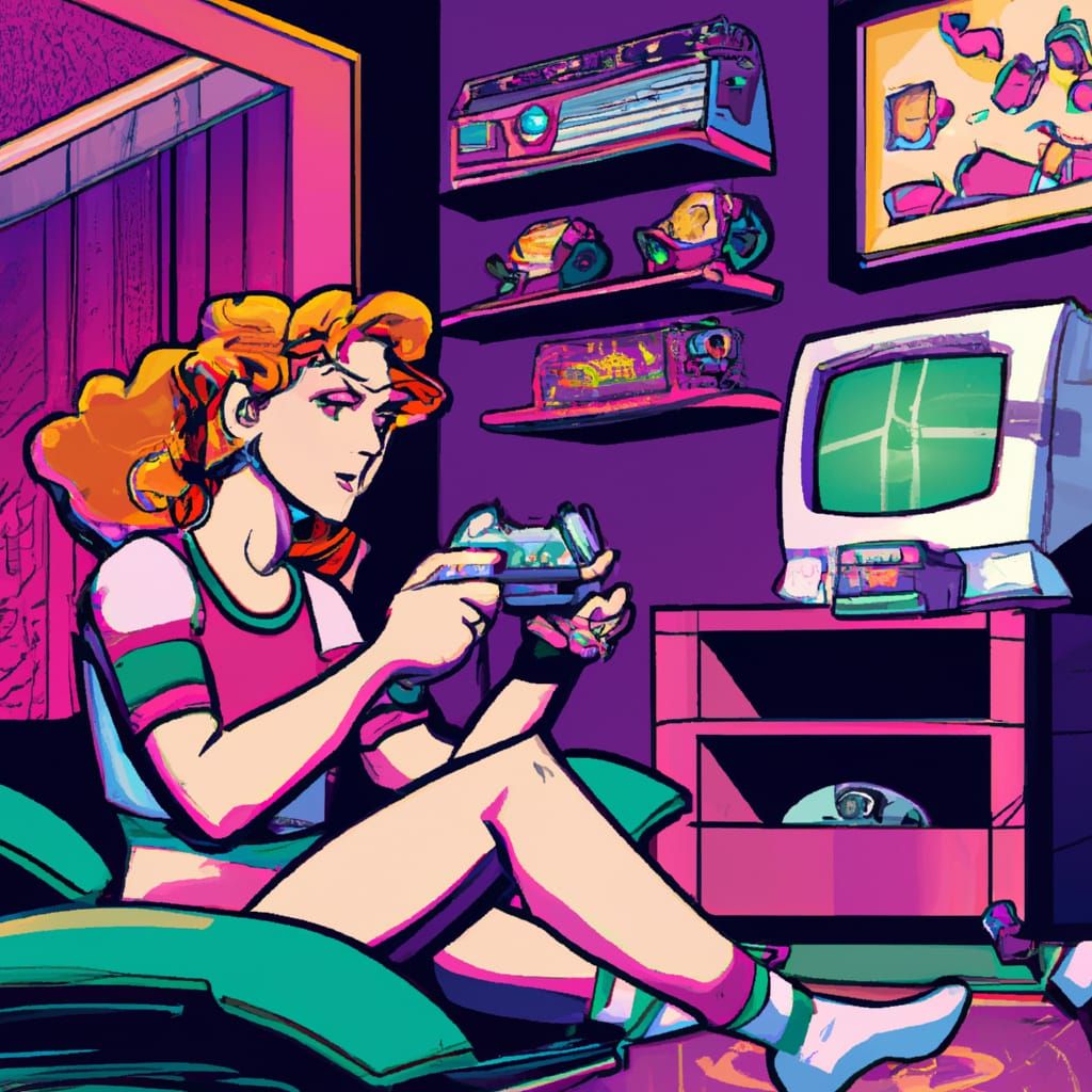Redhead Girl Plays 80s Games in Retrowave Art Deco