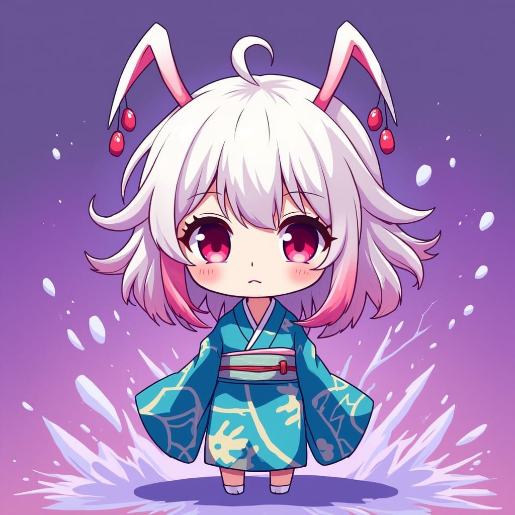 Cute Chibi Mystic Girl in Vibrant Blue Kimono