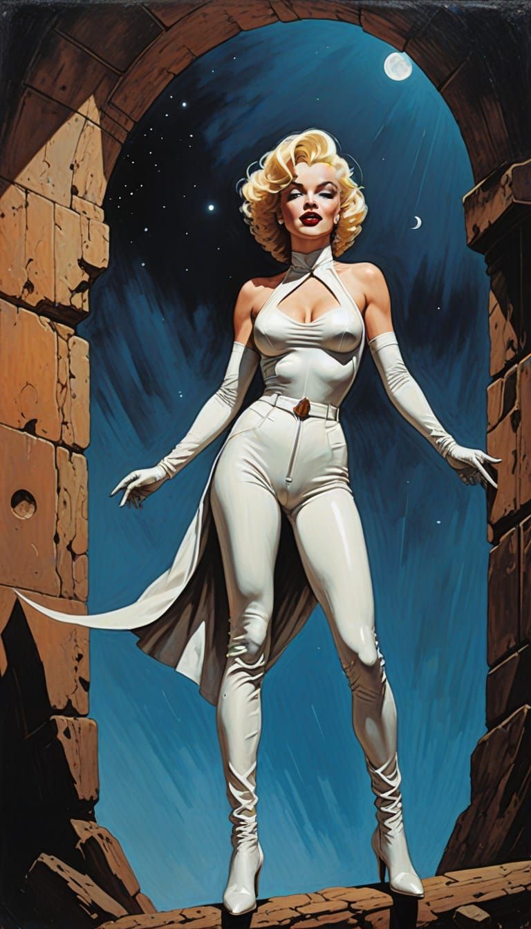 Sultry Fantasy Pin-Up in White Catsuit, Exposing Marked Abdo...