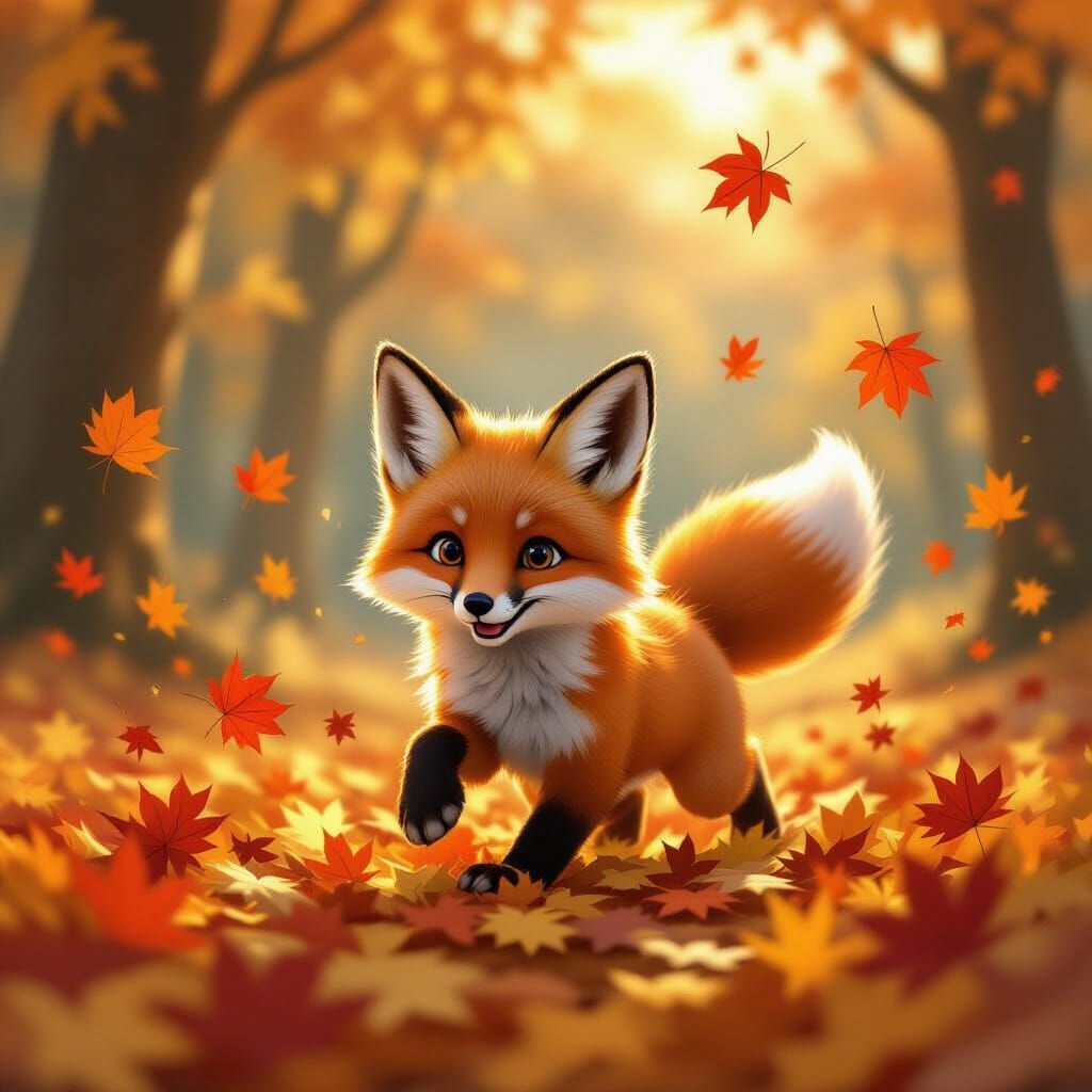 Playful Fox Cub Amidst Autumn Leaves in Golden Hour