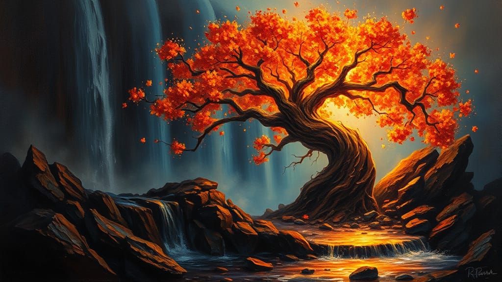 Vibrant Fantasy Tree in Fiery Oil Painting Splendor