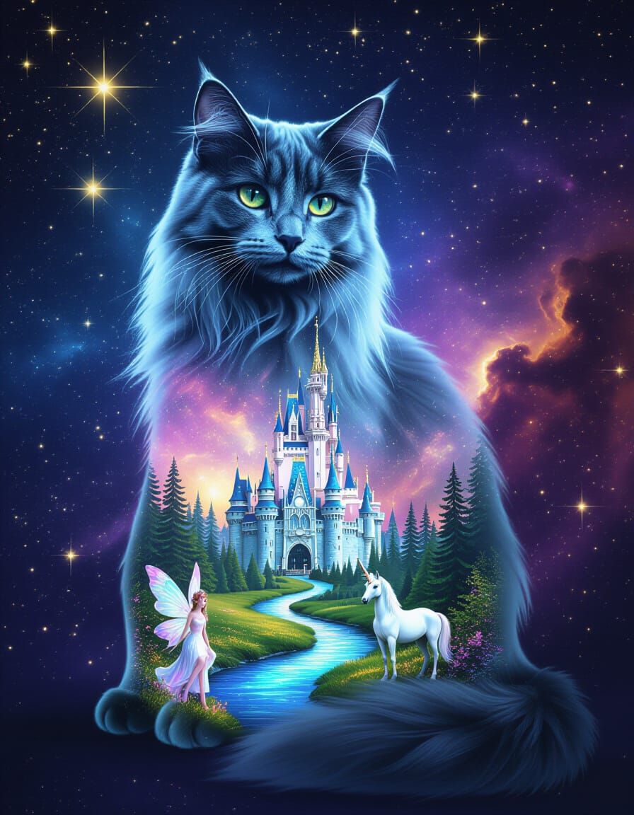 Ghostly Cat Hologram With Enchanted Fantasy World