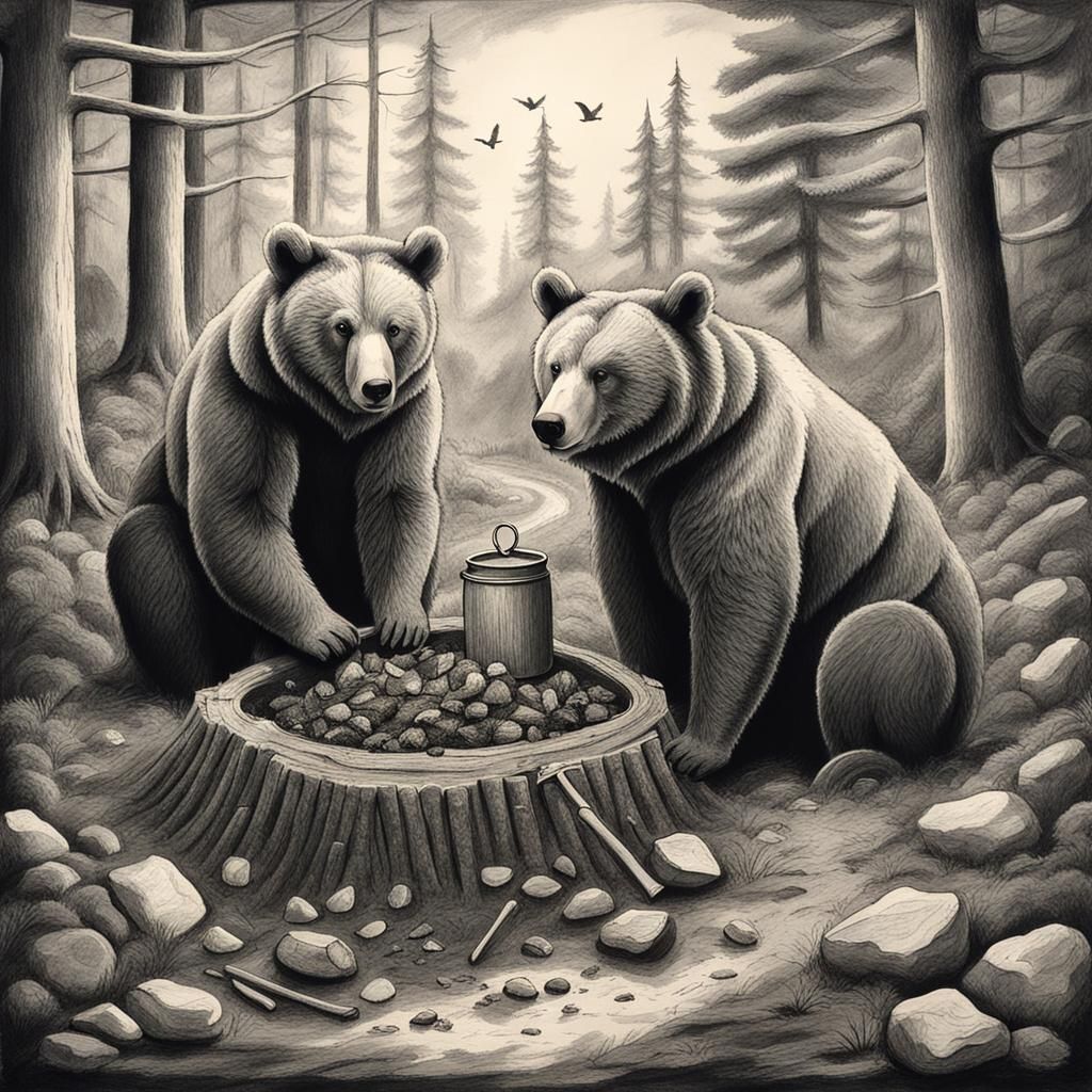 Bears Preparing for Winter: Charcoal Art Scenery