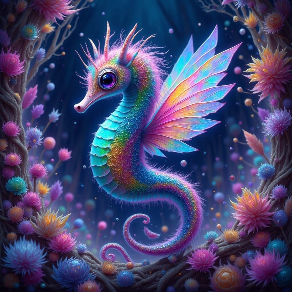 Glowing Seahorse in Crystal Cave, Dreamy Surrealism