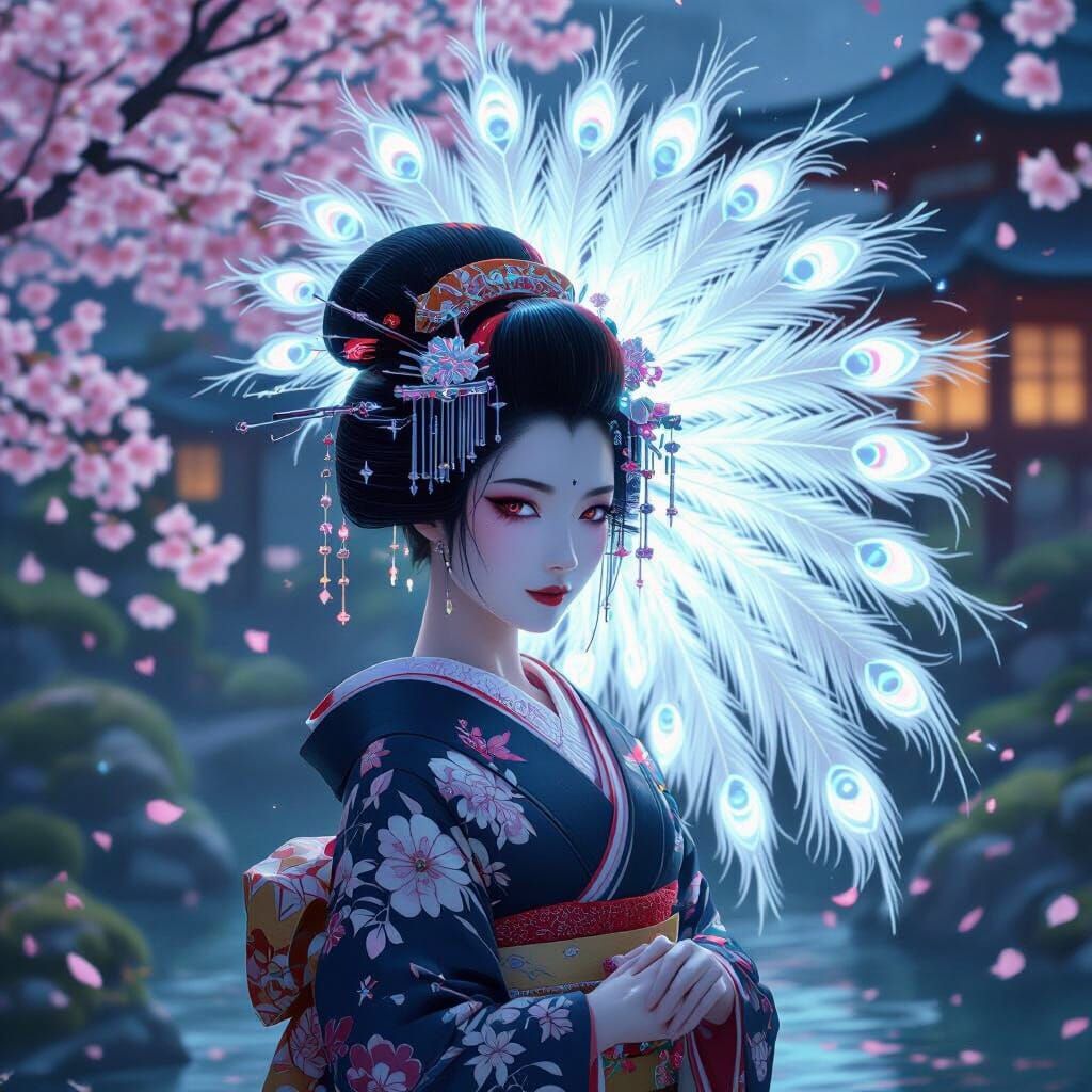 Cyberpunk Geisha in Twilight Garden