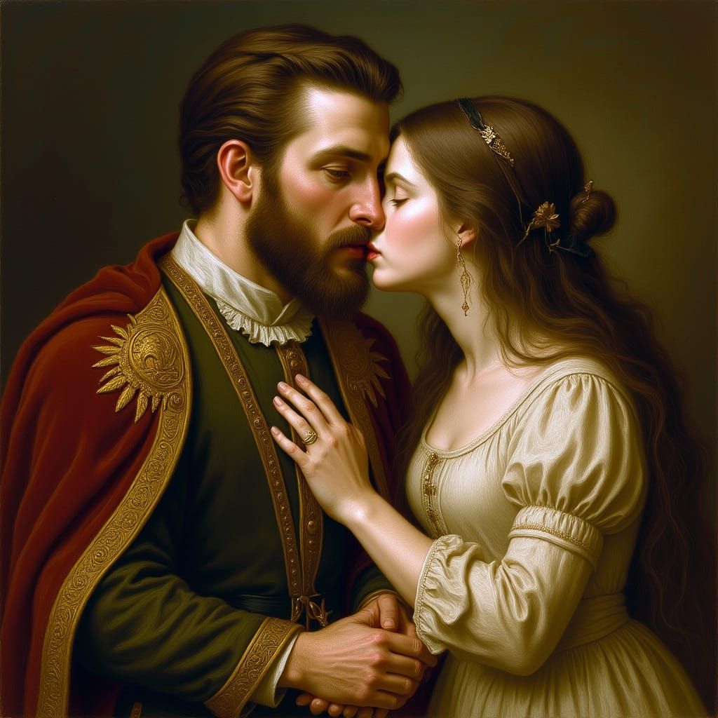 King and Farmer's Wife Kiss in Pre-Raphaelite Style