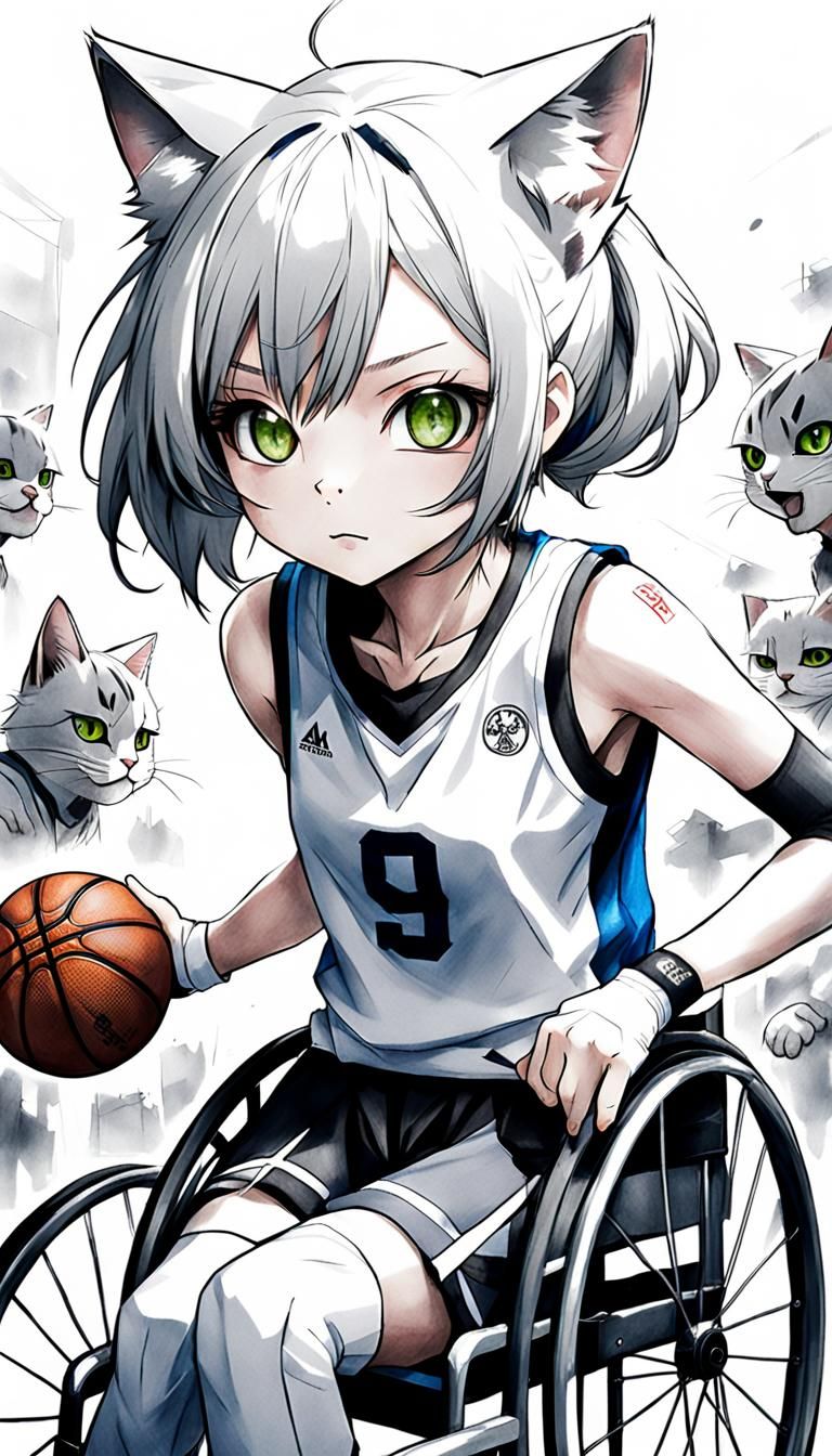 Cute Manga Cat Girl in Wheelchair Basketball Action