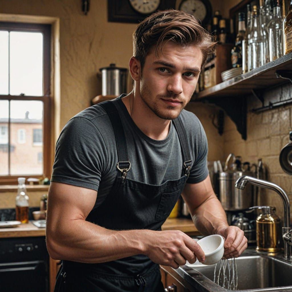 Handsome Student in Warm Pub Kitchen