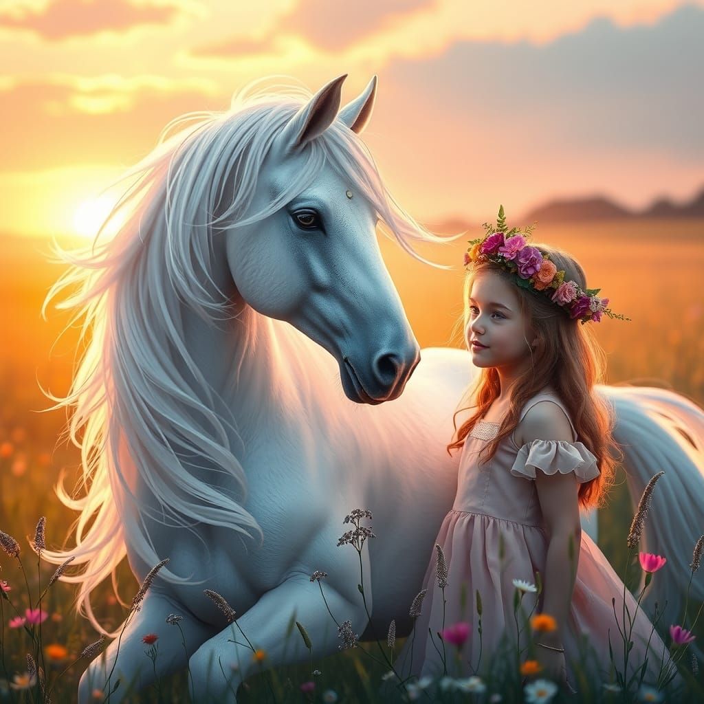 Unicorn and Girl in Glowing Meadow, Fantasy Art