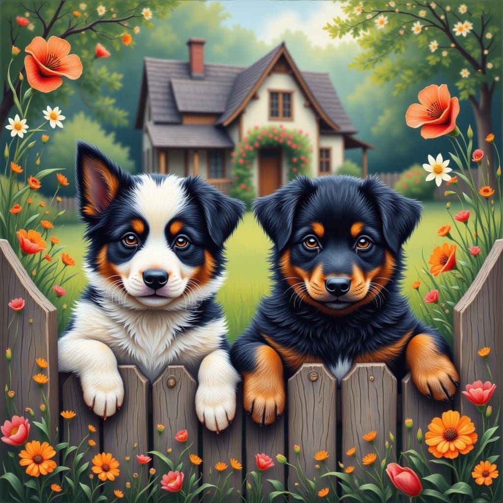 Puppies Peering Over Fence in Digital Art Style