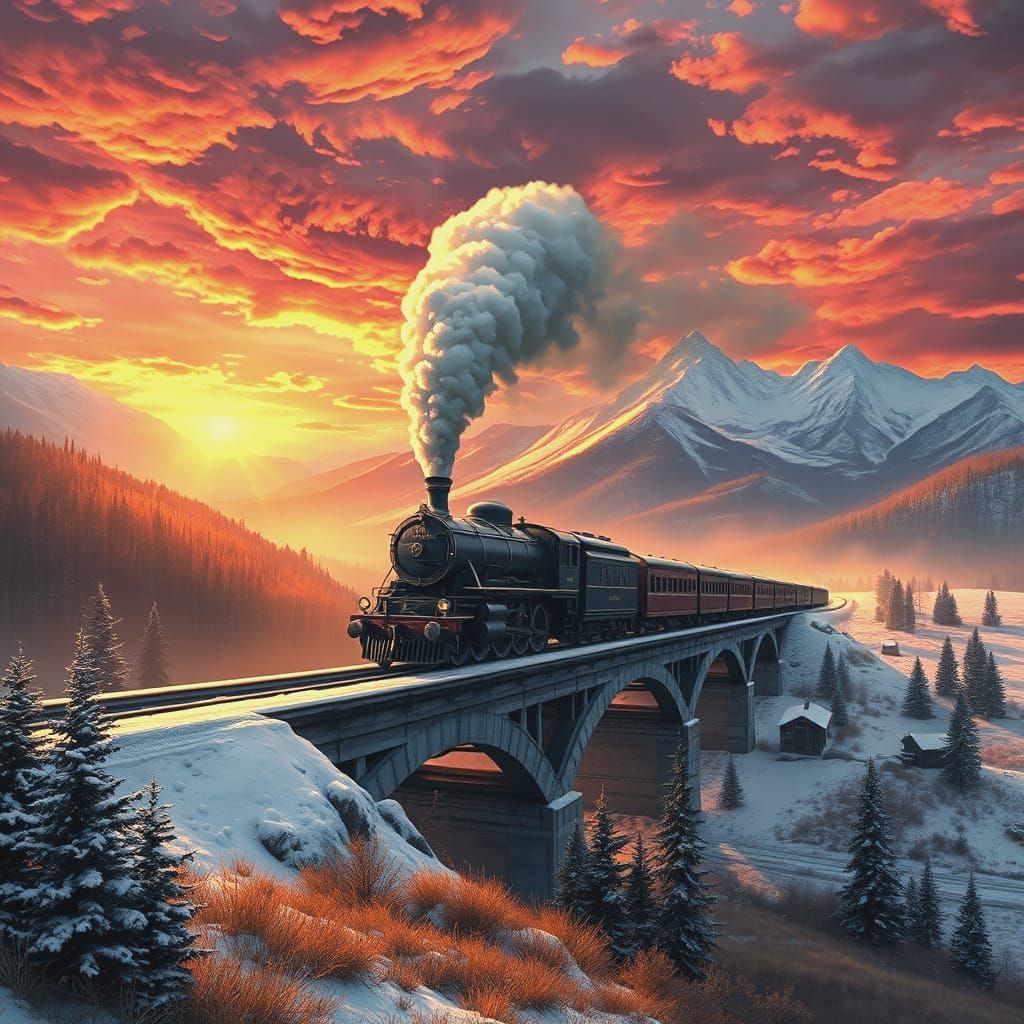 Majestic Steam Train in Golden Sunset Landscape